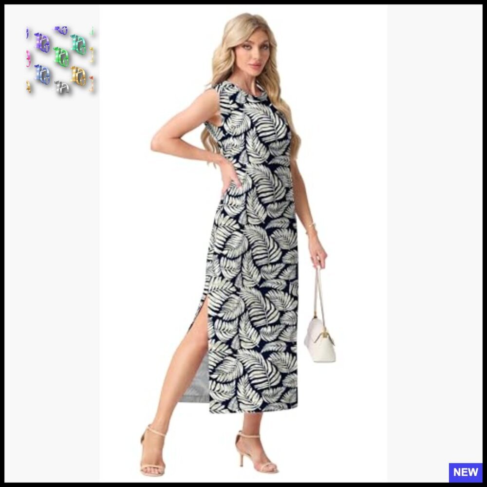 Summer Maxi Dress Casual Floral Round Neck Cap Sleeve with Pockets Boho Chic - Picture 3 of 5